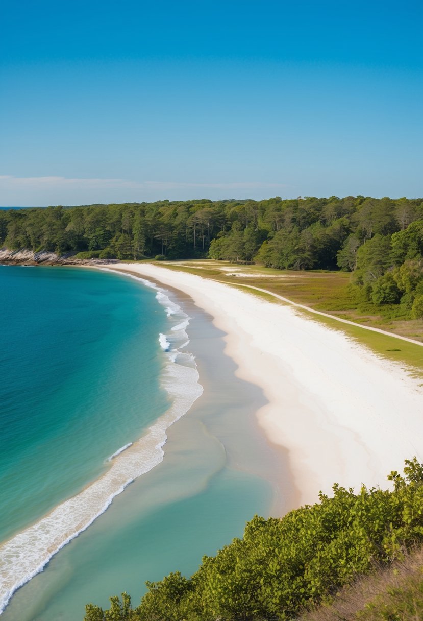 A serene beach scene with clear blue waters, white sandy shores, lush greenery, and a bright sunny sky, showcasing the natural beauty of North Carolina's coastline