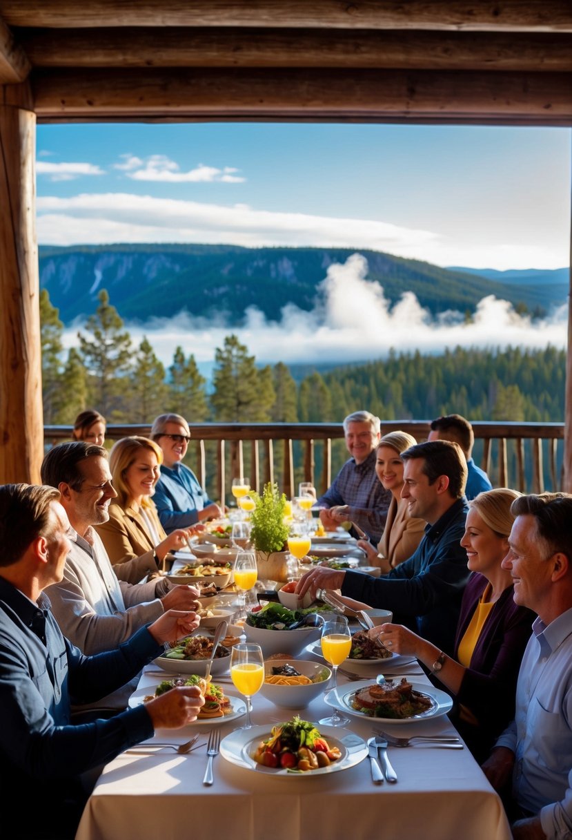 A bustling dining room with panoramic views of Yellowstone's natural beauty, featuring a variety of delicious dishes being served to satisfied guests