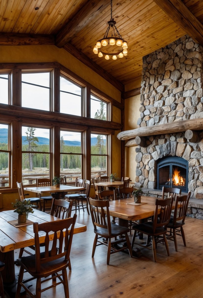 The Old Faithful Inn dining room is filled with rustic wooden tables and chairs, a grand stone fireplace, and large windows overlooking the natural beauty of Yellowstone National Park