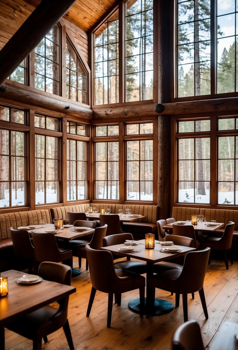 The warm, rustic Roosevelt Lodge Dining Room is filled with cozy tables and chairs, surrounded by large windows offering views of the surrounding forest