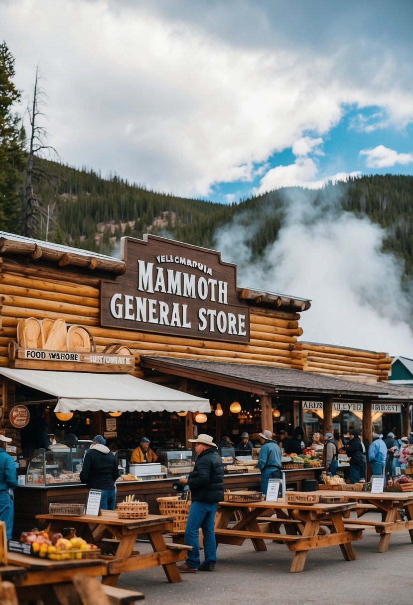 A bustling scene at Mammoth General Store, with various food vendors and restaurants, surrounded by the natural beauty of Yellowstone National Park