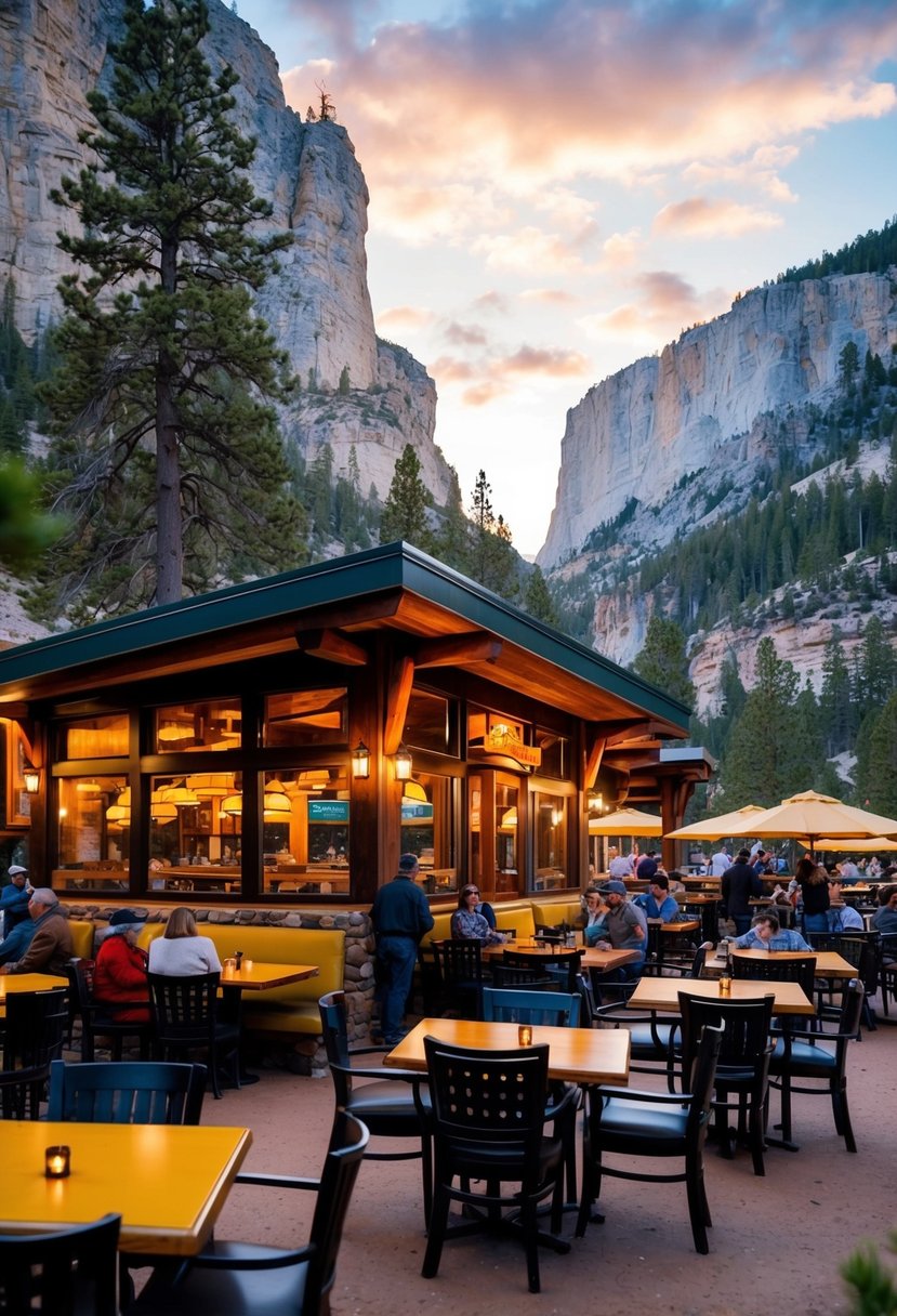 A bustling eatery nestled within the grandeur of Yellowstone National Park, with a warm and inviting atmosphere, surrounded by towering cliffs and the natural beauty of the canyon