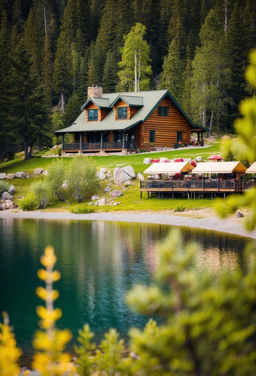A cozy wooden lake house nestled among lush trees, with a picturesque view of the tranquil Grant Village Lake. Nearby, a cluster of charming restaurants offer a variety of delicious dining options in Yellowstone National Park