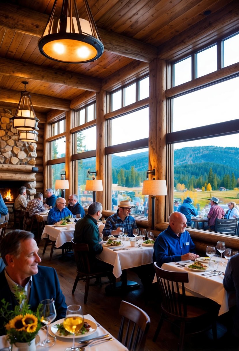 A bustling dining room with rustic decor and panoramic views of Yellowstone's natural beauty. Patrons enjoy gourmet meals and friendly service