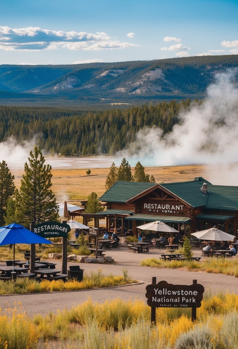 A picturesque landscape of Yellowstone National Park with various restaurant signs and outdoor dining areas surrounded by natural beauty