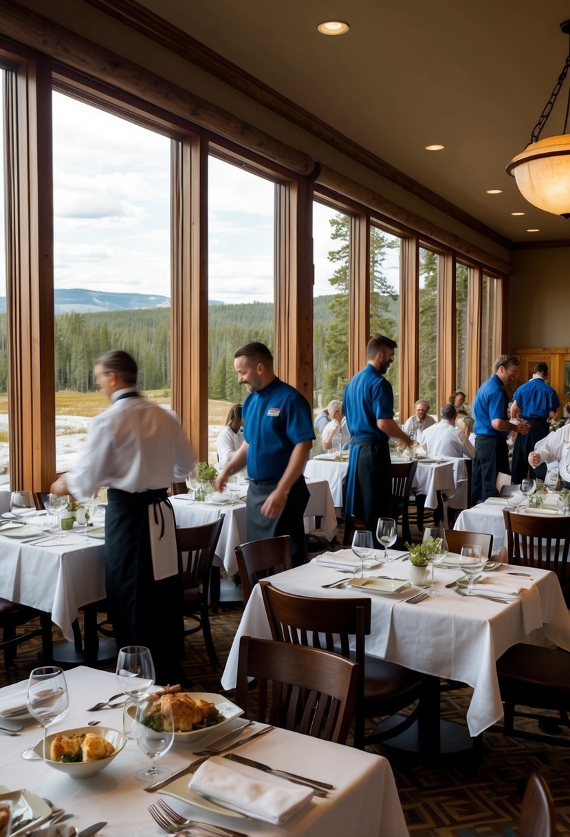 A bustling dining room at Yellowstone National Park, with tables set against large windows overlooking the park's natural beauty. Chefs and servers move efficiently through the space, attending to guests enjoying their meals