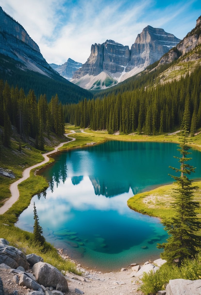A stunning mountain landscape with winding trails, lush forests, and crystal-clear lakes in Jasper National Park