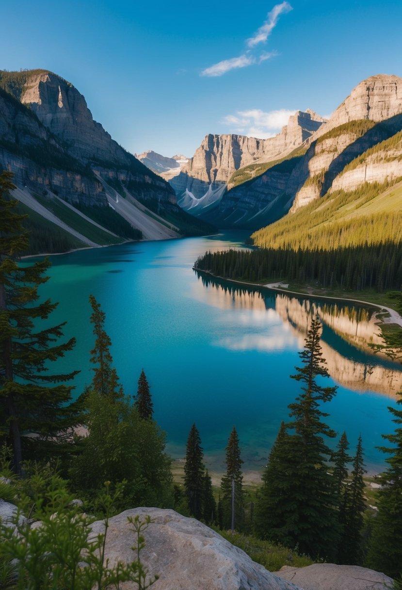 A serene view of Bald Hills overlooking Maligne Lake, surrounded by lush greenery and towering mountains, showcasing the beauty of Jasper National Park