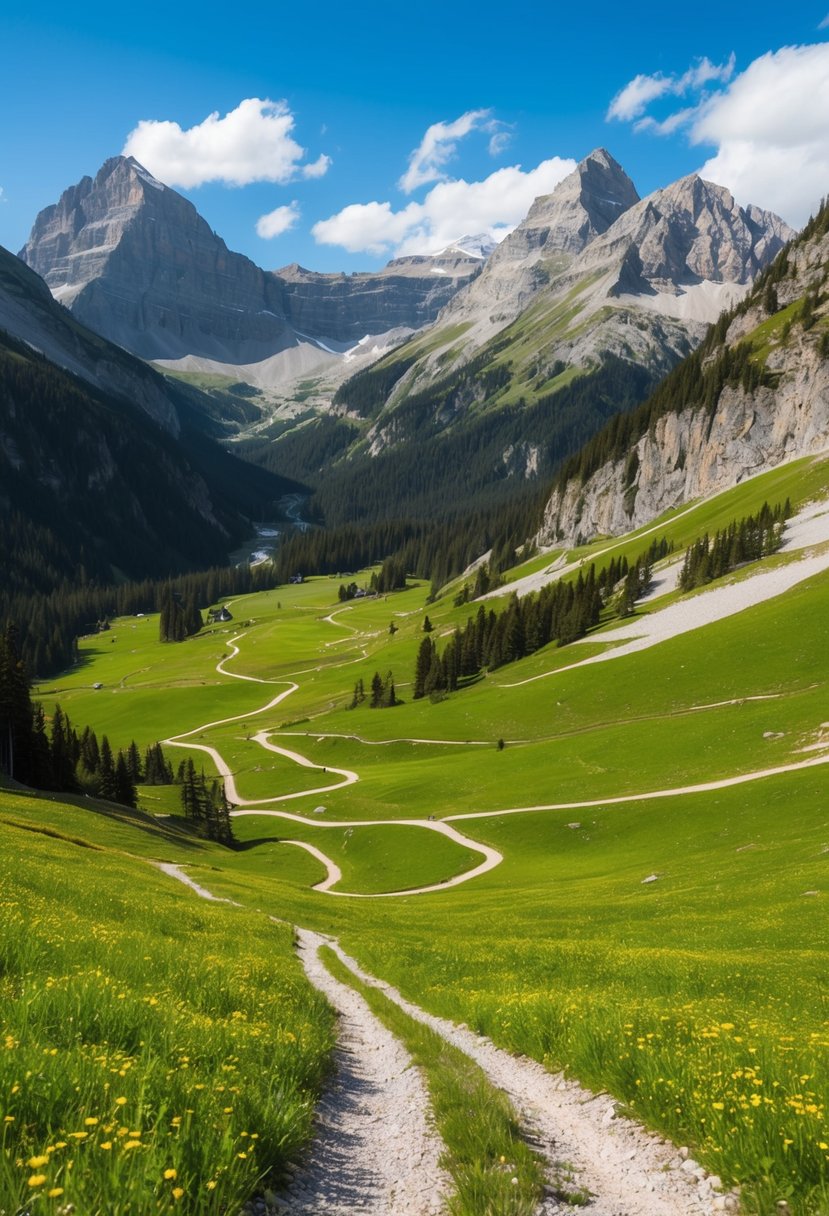 A panoramic view of Edith Cavell Meadows surrounded by towering mountains and lush alpine meadows, with winding hiking trails leading into the distance