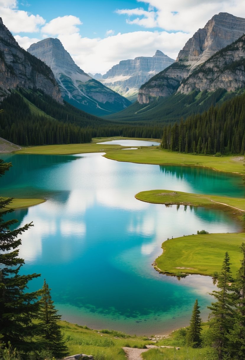 A serene valley with five crystal-clear lakes surrounded by lush greenery and towering mountains, offering some of the best hiking trails in Jasper National Park