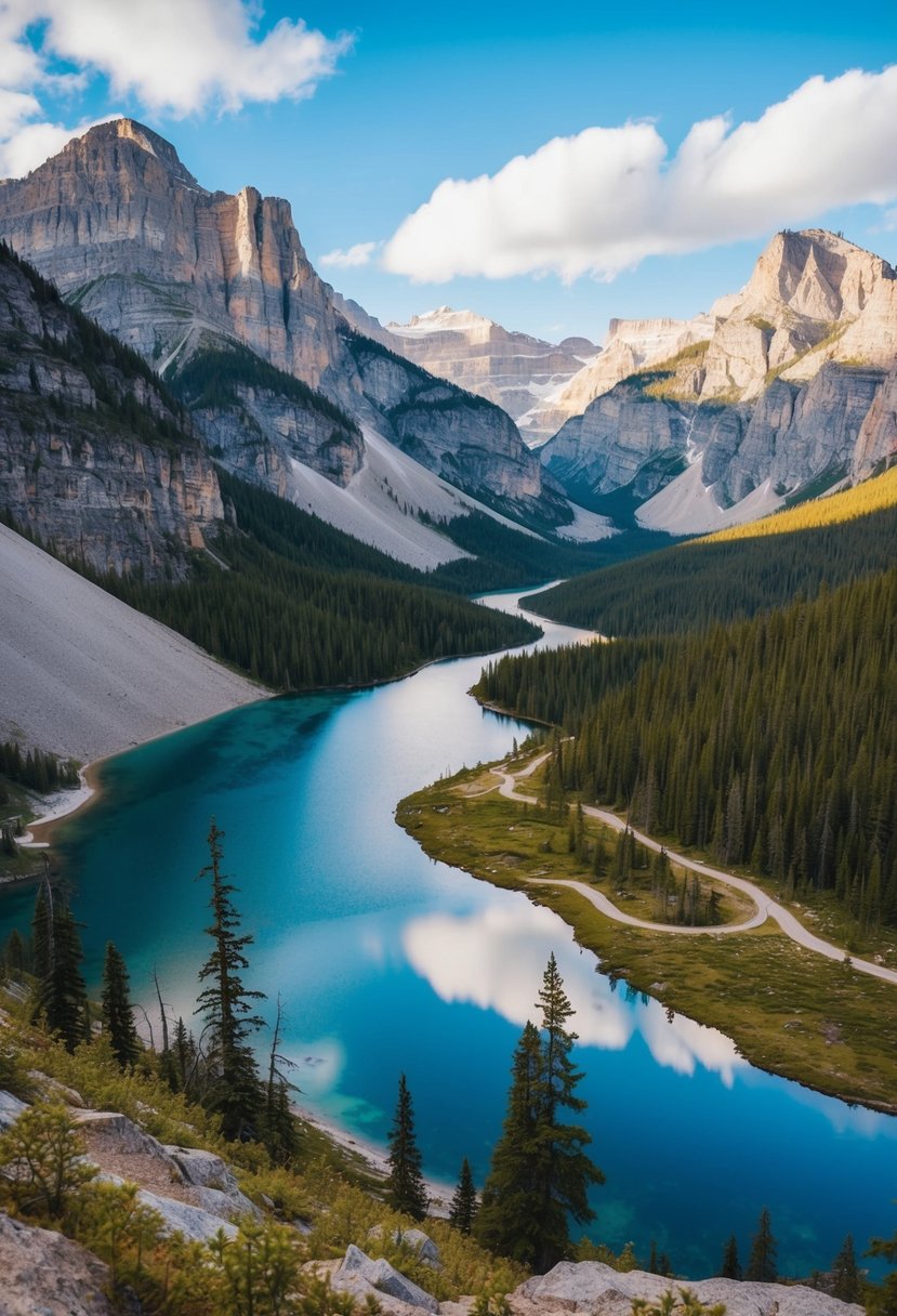 A panoramic view of Jasper National Park with mountains, forests, and winding trails leading to scenic vistas and crystal-clear lakes