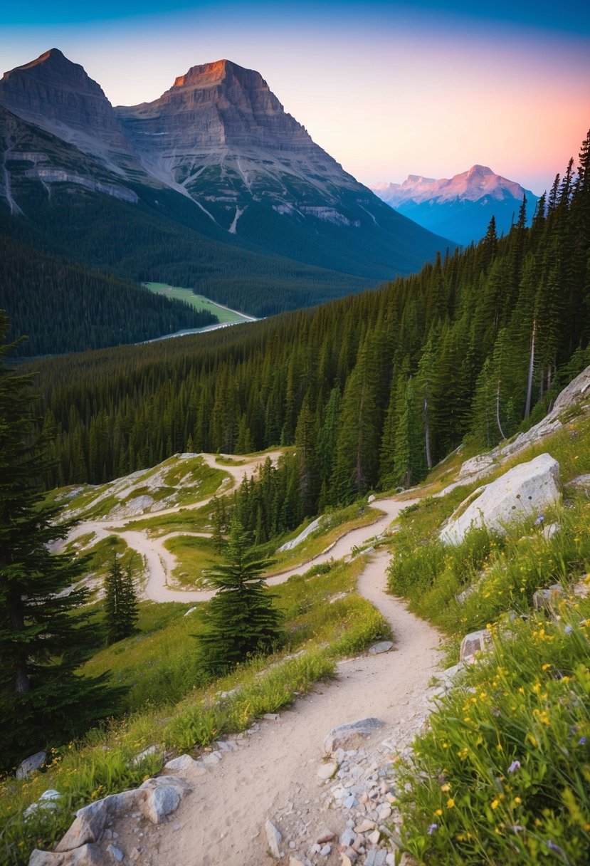 A serene mountain landscape with winding trails, lush forests, and breathtaking views of Jasper National Park's top hiking spots