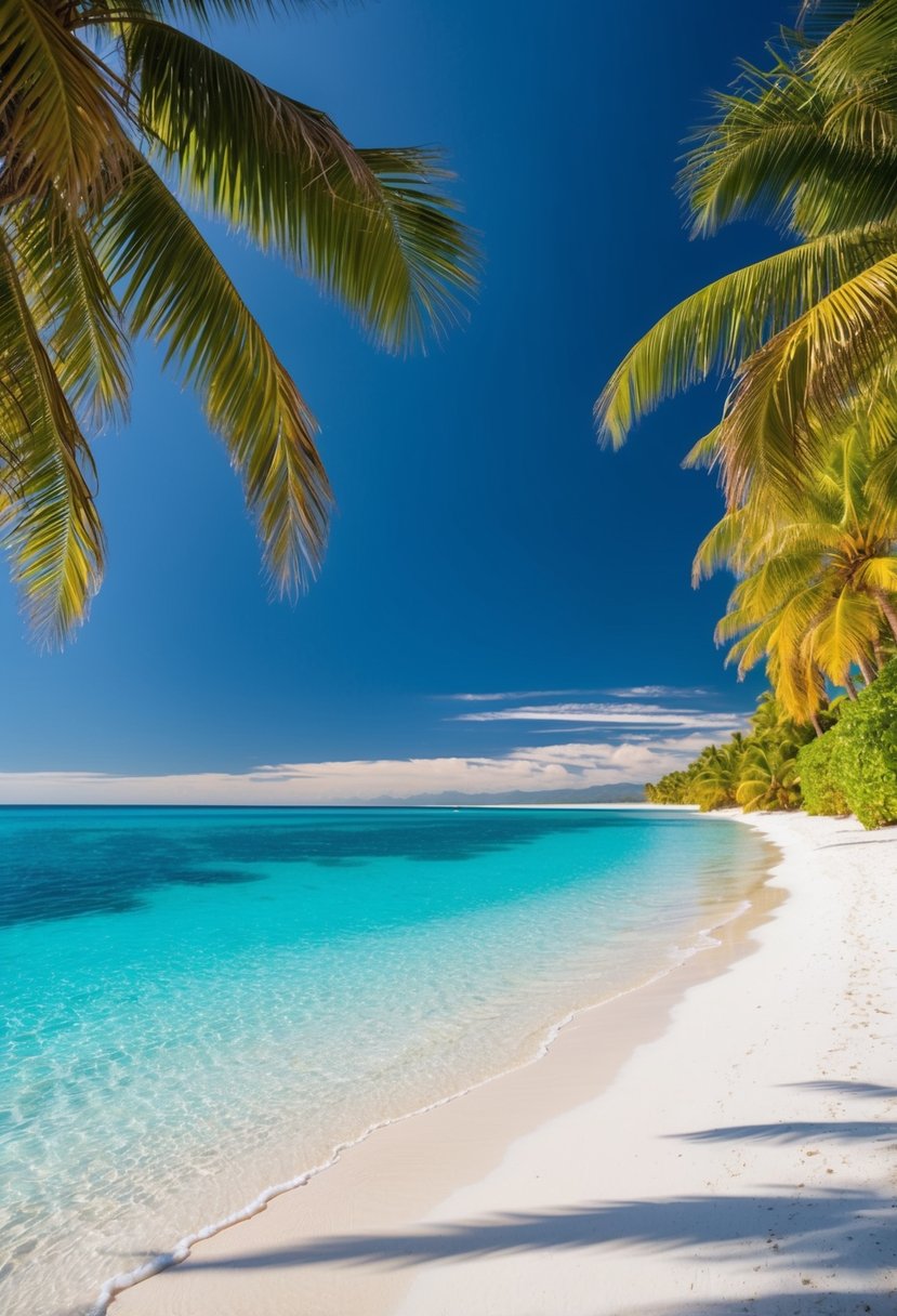 Crystal clear waters lap gently against the white sandy shore, framed by lush green palm trees and a vibrant blue sky. A sense of tranquility and natural beauty emanates from the scene