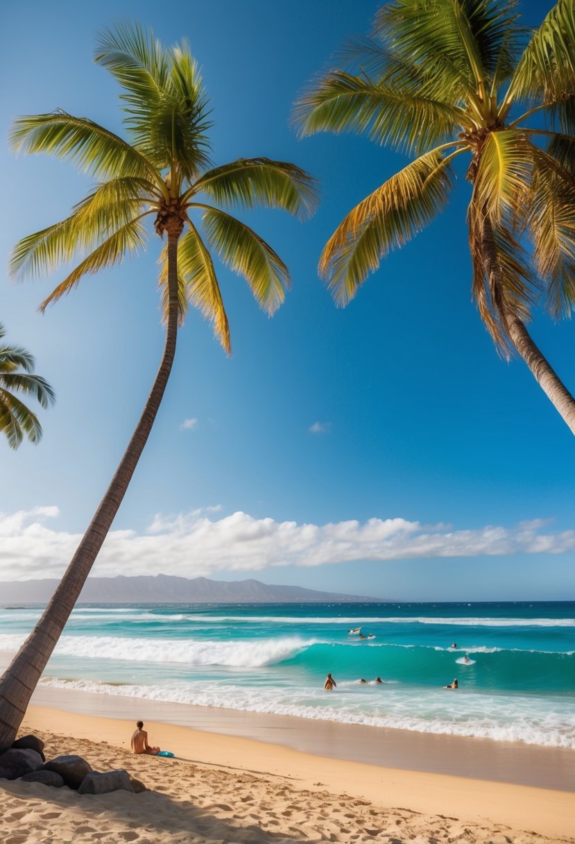Palm trees sway on the golden sand of Waikiki Beach, with turquoise waves rolling onto the shore. A vibrant beach scene with surfers and sunbathers enjoying the tropical paradise