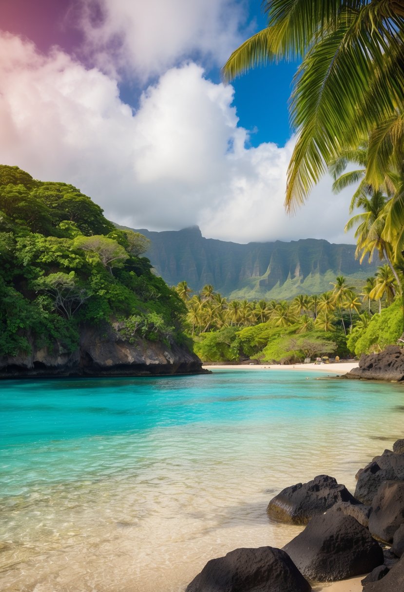 A vibrant, tropical beach scene with crystal clear waters, lush greenery, and a serene atmosphere at Hanauma Bay Nature Preserve in Oahu