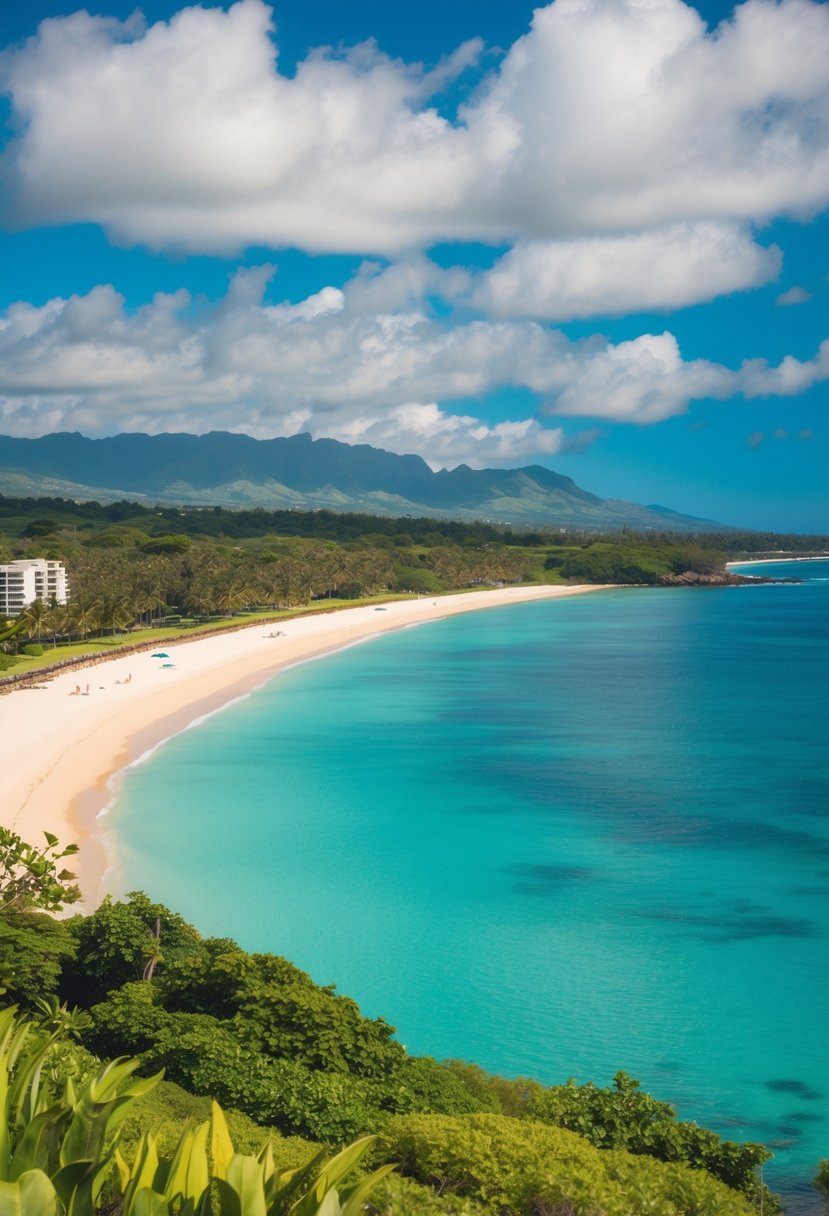 A serene beach scene at Kailua Beach Park with turquoise waters, white sandy shores, and lush greenery along the coastline
