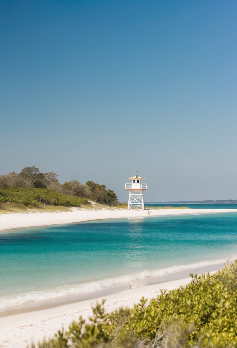 A serene beach scene with clear blue waters, white sandy shores, and lush greenery along the coastline. A lifeguard tower stands tall in the distance, ensuring safety for beachgoers