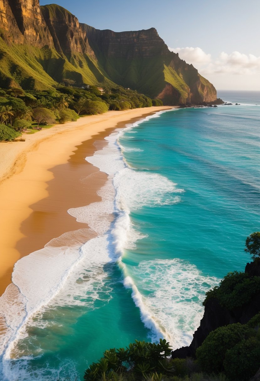 Crystal clear waters lap against the golden sand of Oahu's best beaches, framed by lush greenery and towering cliffs. The sun casts a warm glow over the serene landscape, inviting visitors to bask in the natural beauty of the island