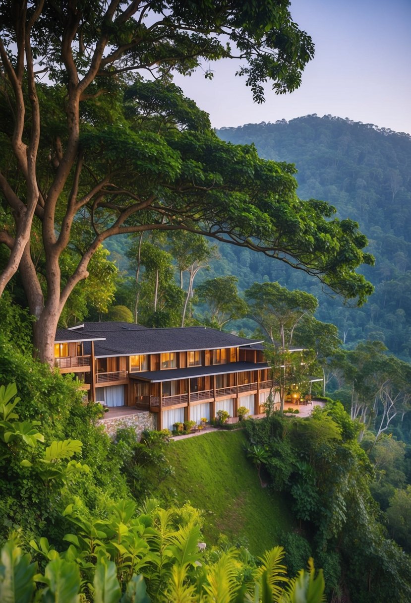 A lush, tranquil forest resort nestled in the Wayanad hills, surrounded by towering trees and a serene atmosphere