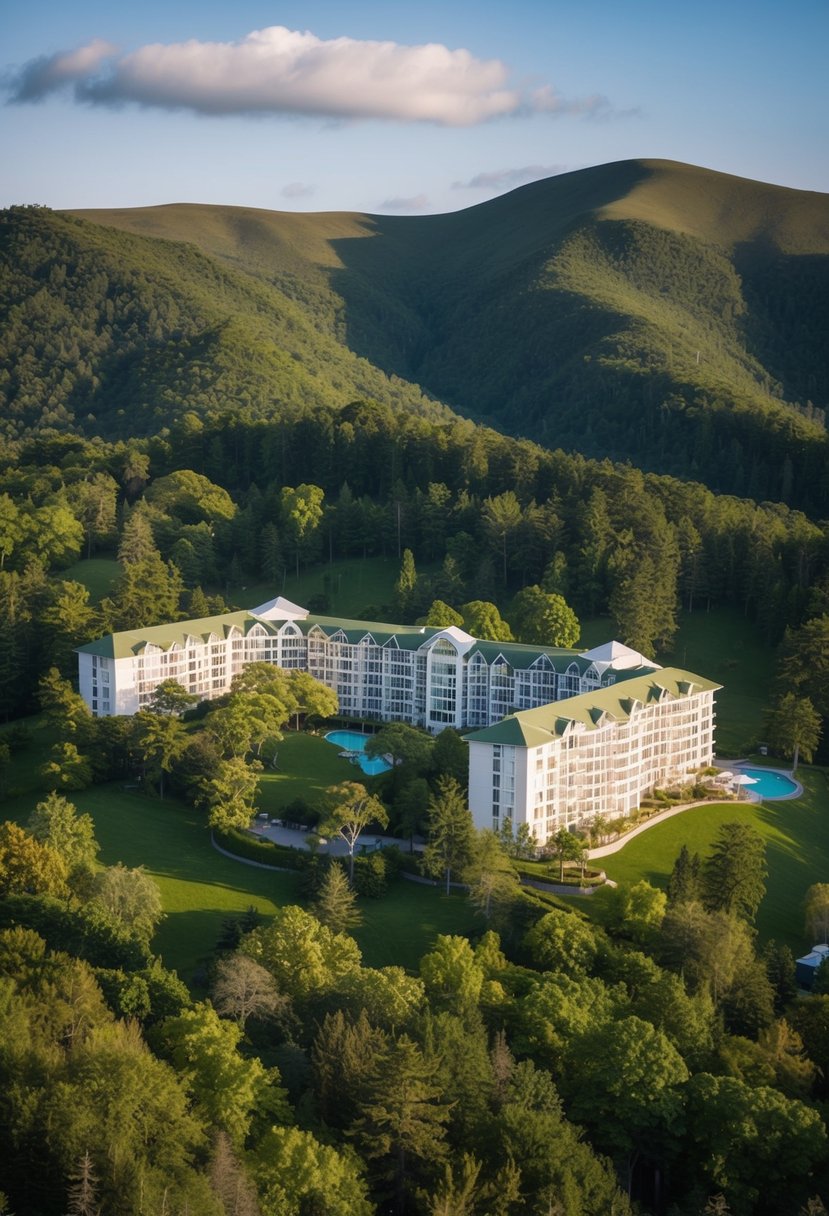 A lush forested landscape with luxurious resort buildings nestled among the trees, surrounded by rolling hills and a serene atmosphere