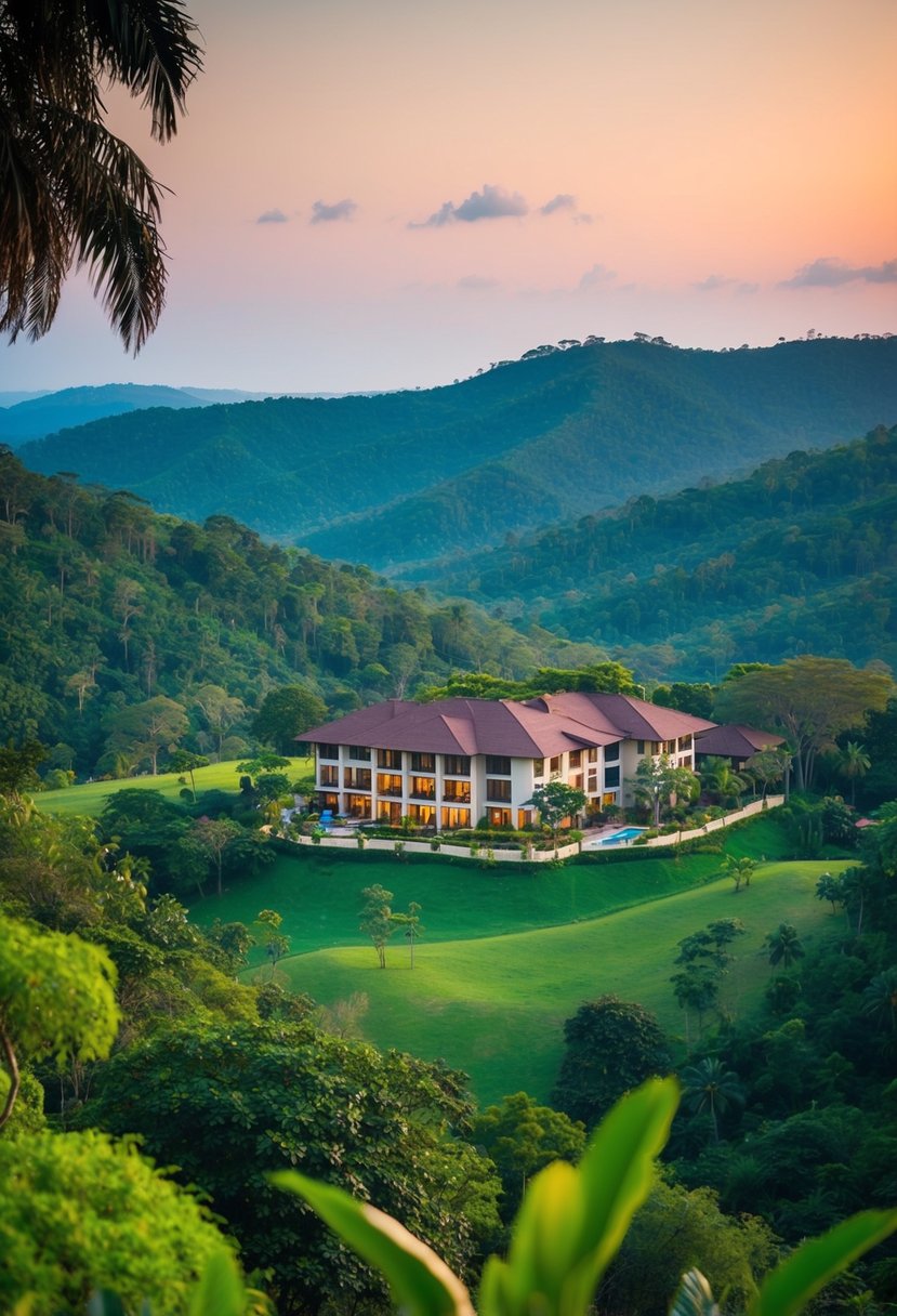 A serene forested landscape with a luxurious resort nestled among lush greenery and rolling hills in Wayanad