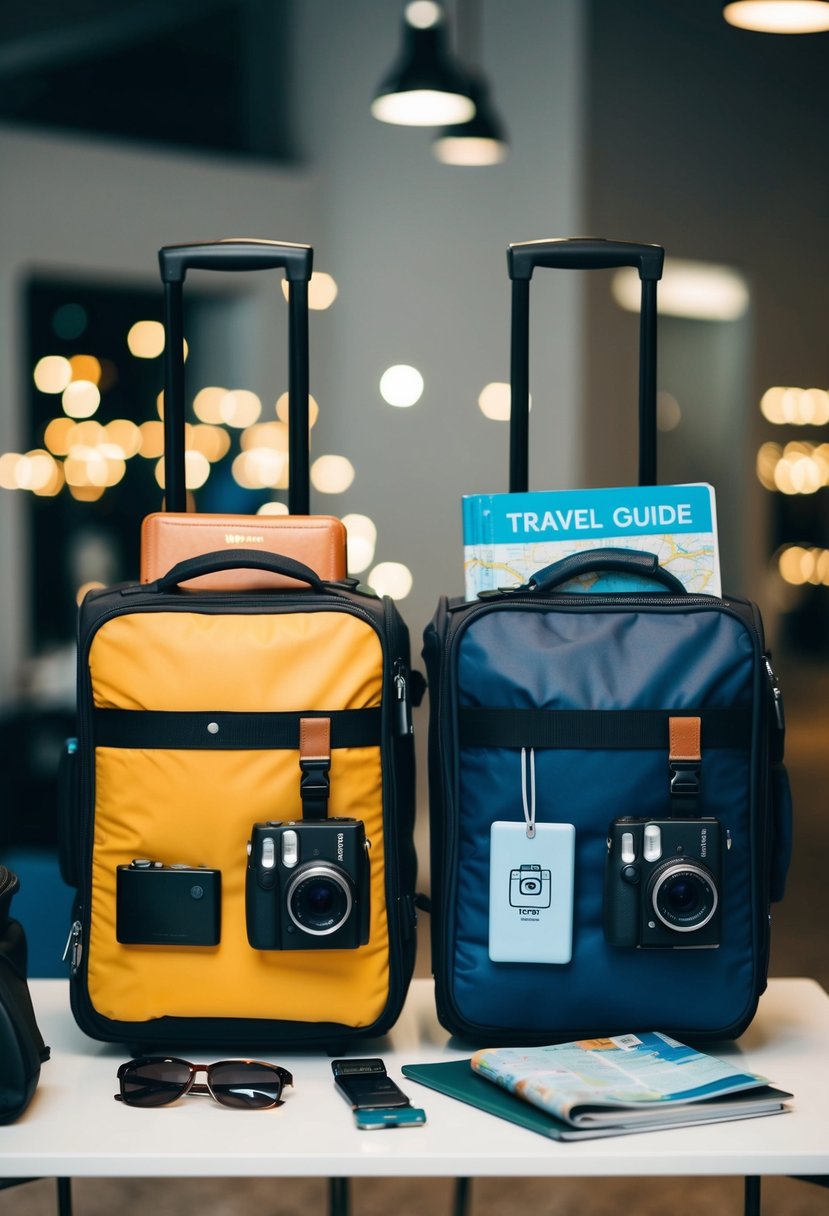 Two carry-on bags packed with travel essentials, including a passport, camera, sunglasses, and a travel guide, sitting on a table ready to be taken on an adventure