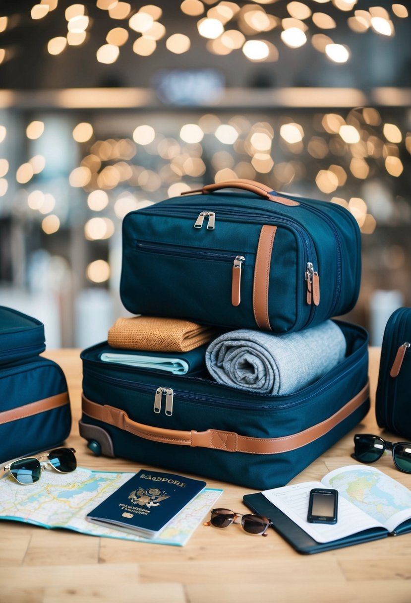 A neatly packed carry-on bag with travel essentials organized inside, surrounded by other items like a passport, map, and sunglasses