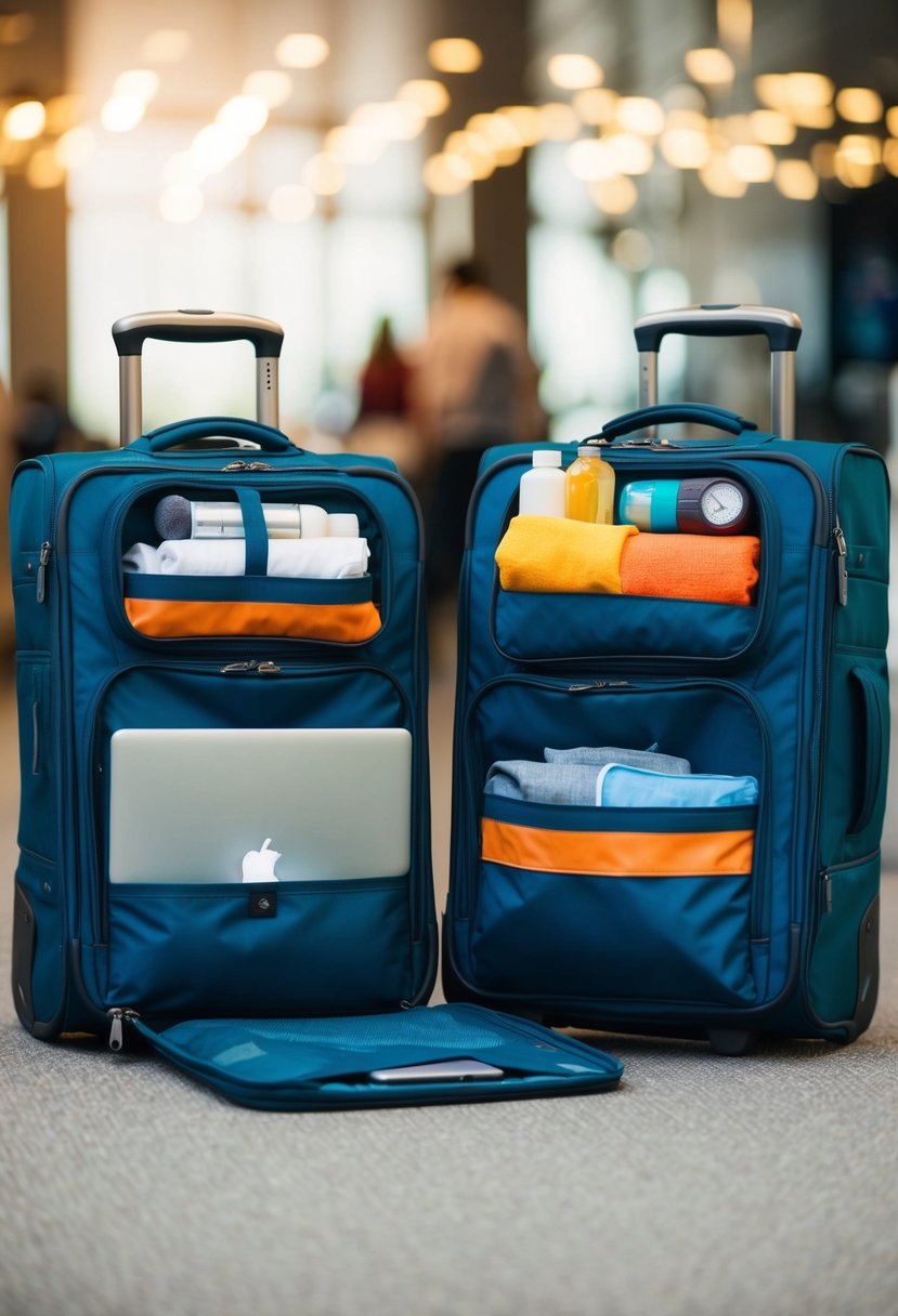 Two carry-on bags packed with travel essentials, including toiletries, clothing, and electronics. A laptop and tablet are neatly stowed in the front pockets