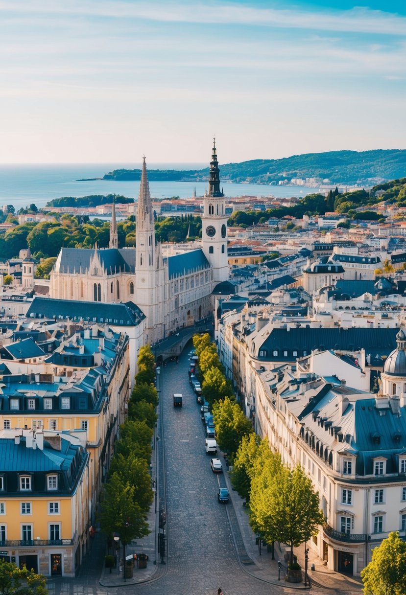 A bustling European cityscape with iconic landmarks and charming cobblestone streets, surrounded by lush countryside and picturesque coastal views