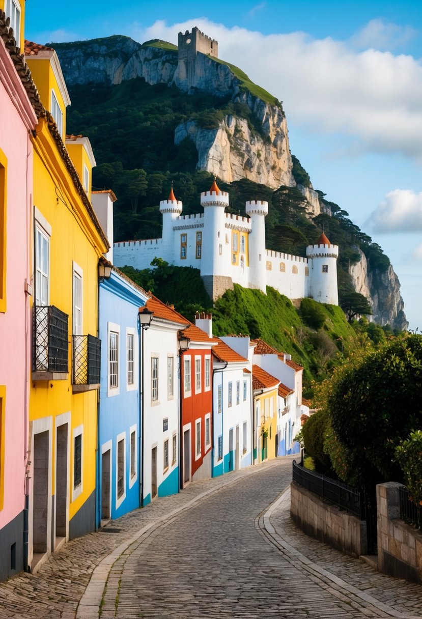 A winding cobblestone street lined with colorful buildings leads up to the impressive hilltop castle of the Moorish Castle in Sintra, Portugal. The lush greenery and dramatic cliffs provide a picturesque backdrop for this historic site