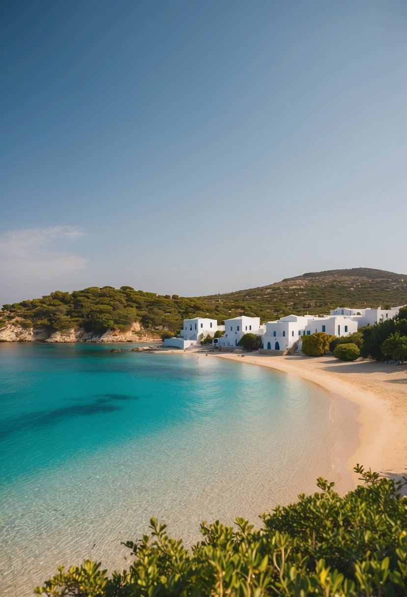 A serene beach in Crete, Greece with crystal clear waters, golden sand, and lush greenery. A small, charming village with white-washed buildings overlooks the tranquil scene