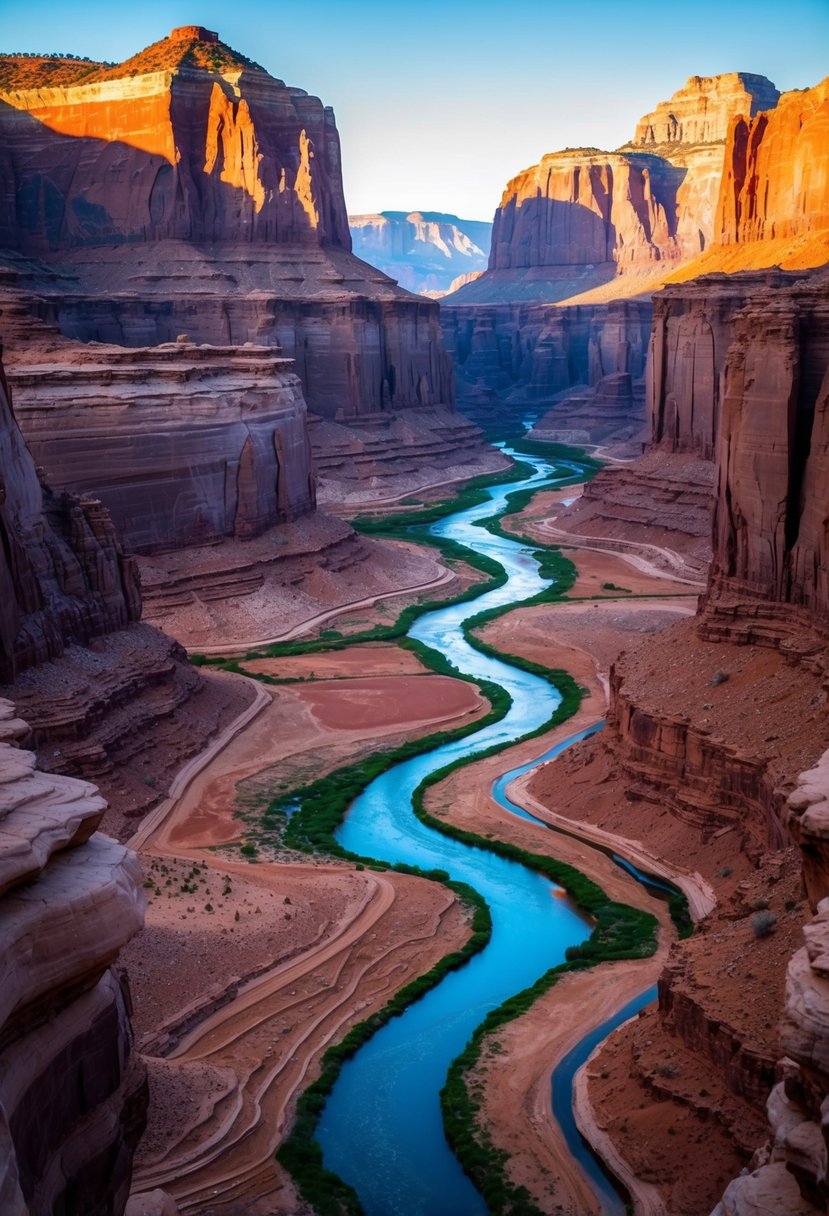 A red rock desert landscape in Moab, Utah, with towering sandstone cliffs, winding canyons, and a winding river cutting through the rugged terrain