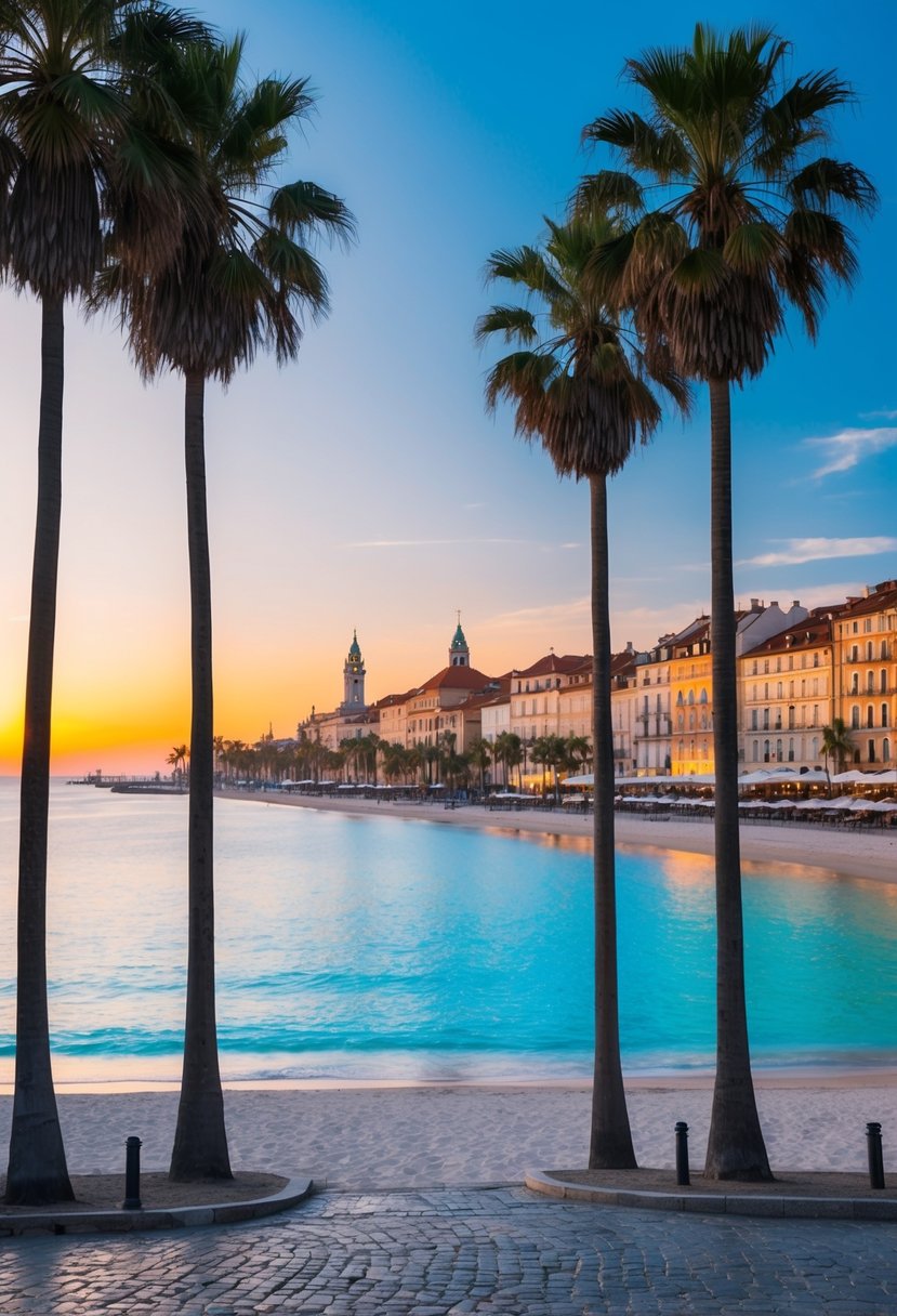 A serene beach with palm trees, crystal clear water, and a colorful sunset. A bustling European city with cobblestone streets and historic architecture