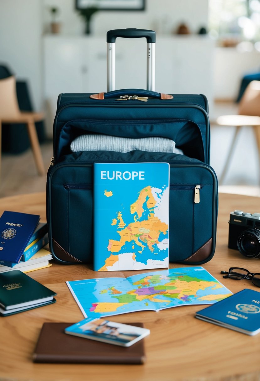 A suitcase packed with clothes, a passport, and a map of Europe laid out on a table, surrounded by travel guides and a camera