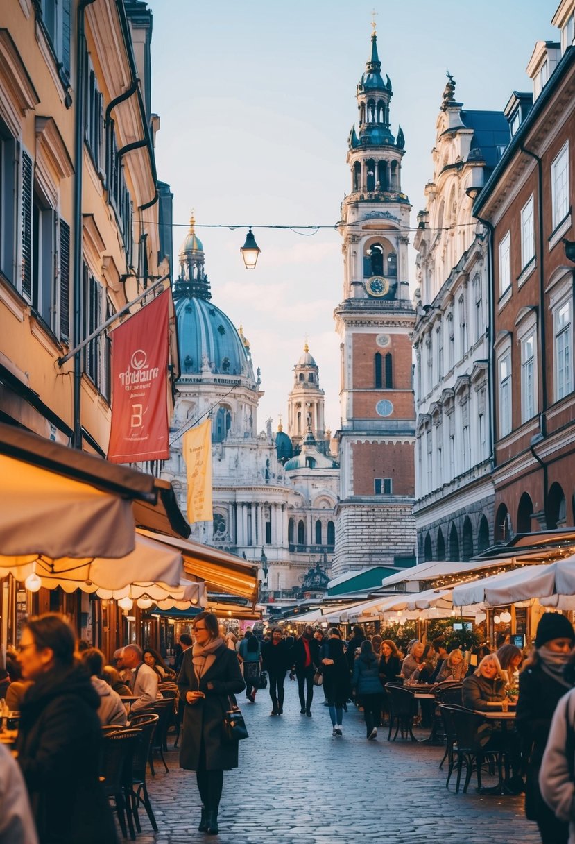 A bustling European city with iconic landmarks, charming cafes, and vibrant street scenes. The atmosphere is lively and full of energy, with historical architecture and bustling markets