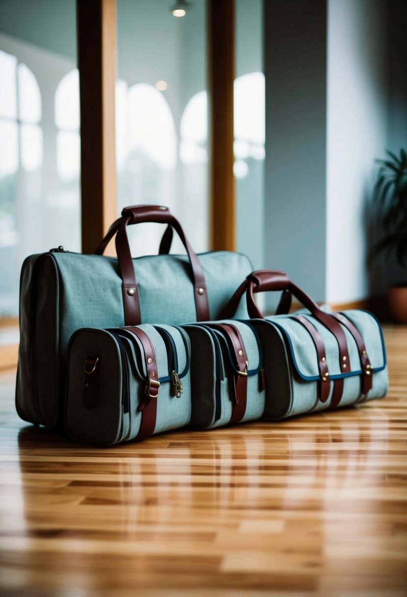 A cloth traveling bag set arranged neatly on a wooden floor