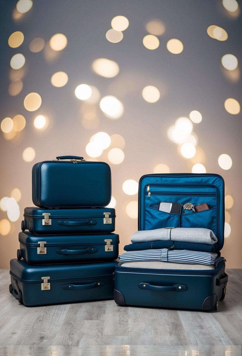 A stack of three stylish suitcase sets, one open to reveal neatly packed clothes and accessories, ready for travel
