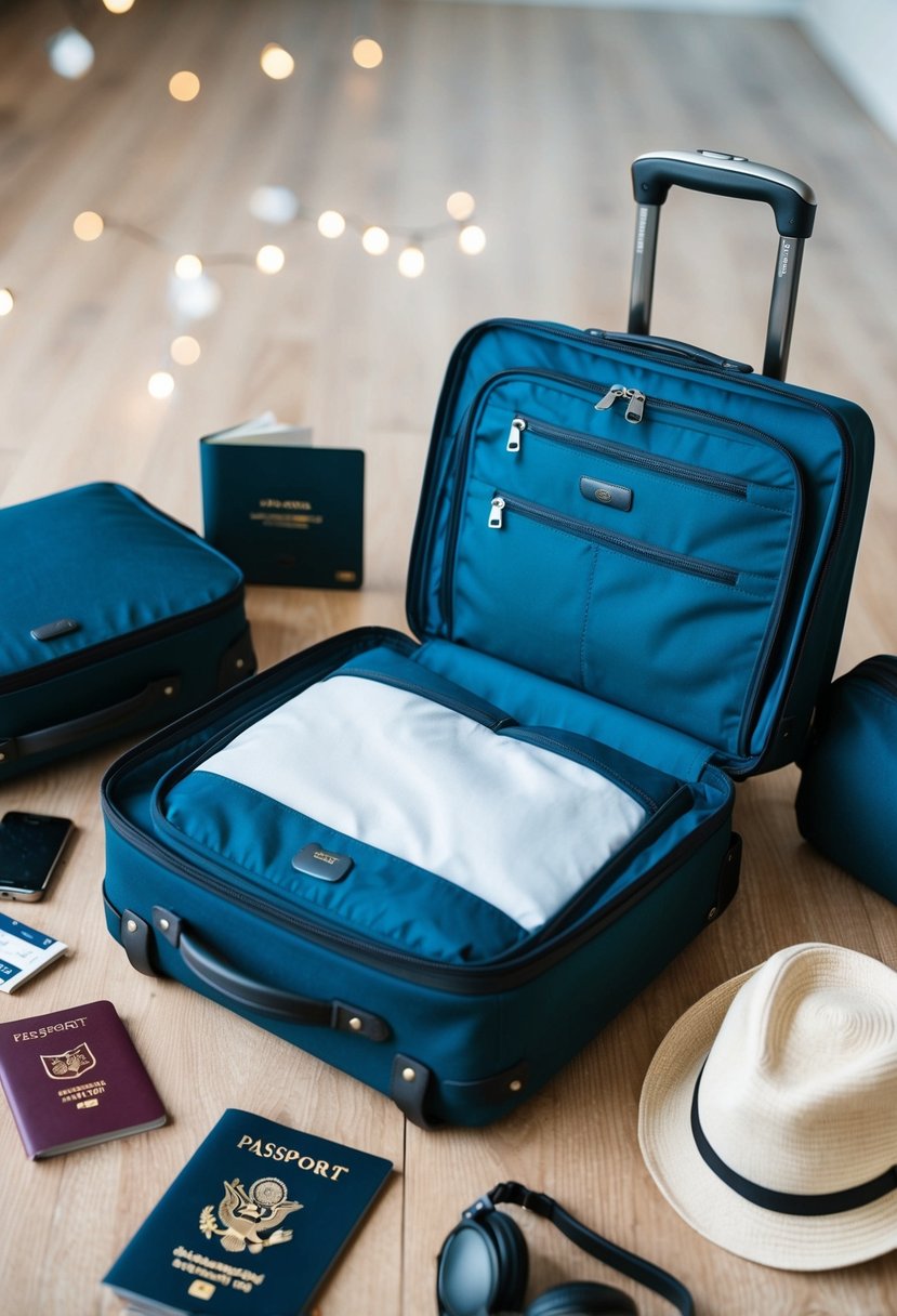 A cloth traveling bag, a sleek and modern luggage set, sits open and ready for packing, surrounded by travel accessories and a passport