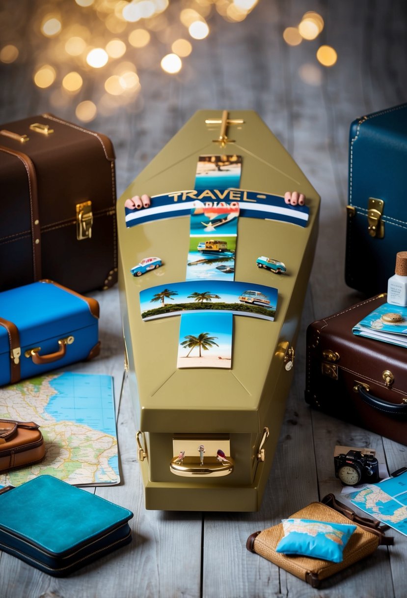 A coffin adorned with travel-themed nail designs, surrounded by vacation-related items such as maps, luggage, and souvenirs