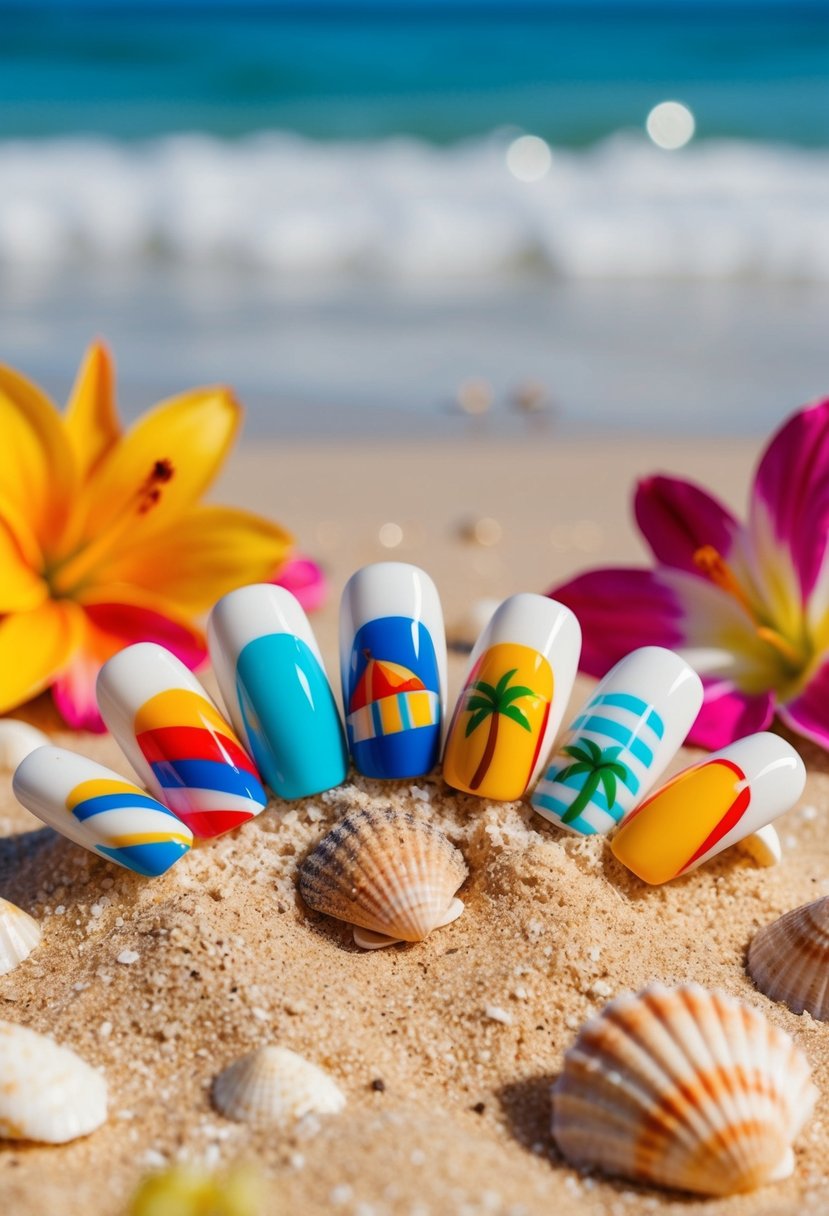 A beach scene with colorful vacation-themed nails laid out on a sandy surface, surrounded by seashells and tropical flowers