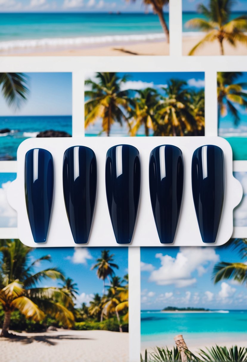 A set of coffin acrylic nails displayed against a backdrop of travel-inspired imagery, including beach scenes, palm trees, and tropical destinations