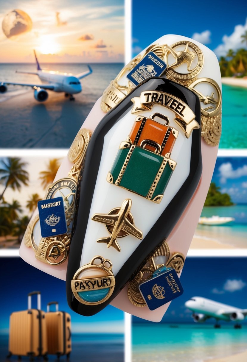 A coffin-shaped nail design with travel-themed elements, such as suitcases, airplanes, and passports, set against a backdrop of exotic vacation destinations