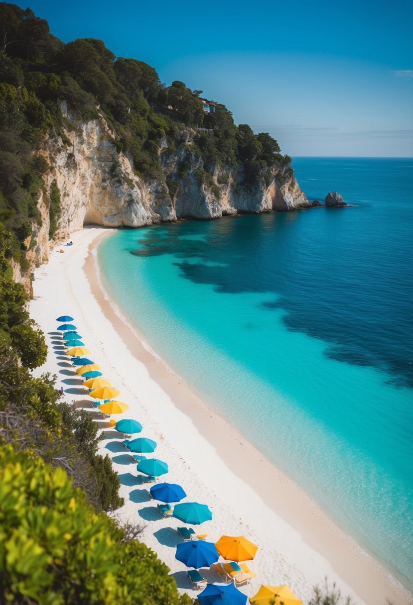 Turquoise waters meet white sandy shores, fringed by lush greenery and towering cliffs, with colorful beach umbrellas dotting the coastline