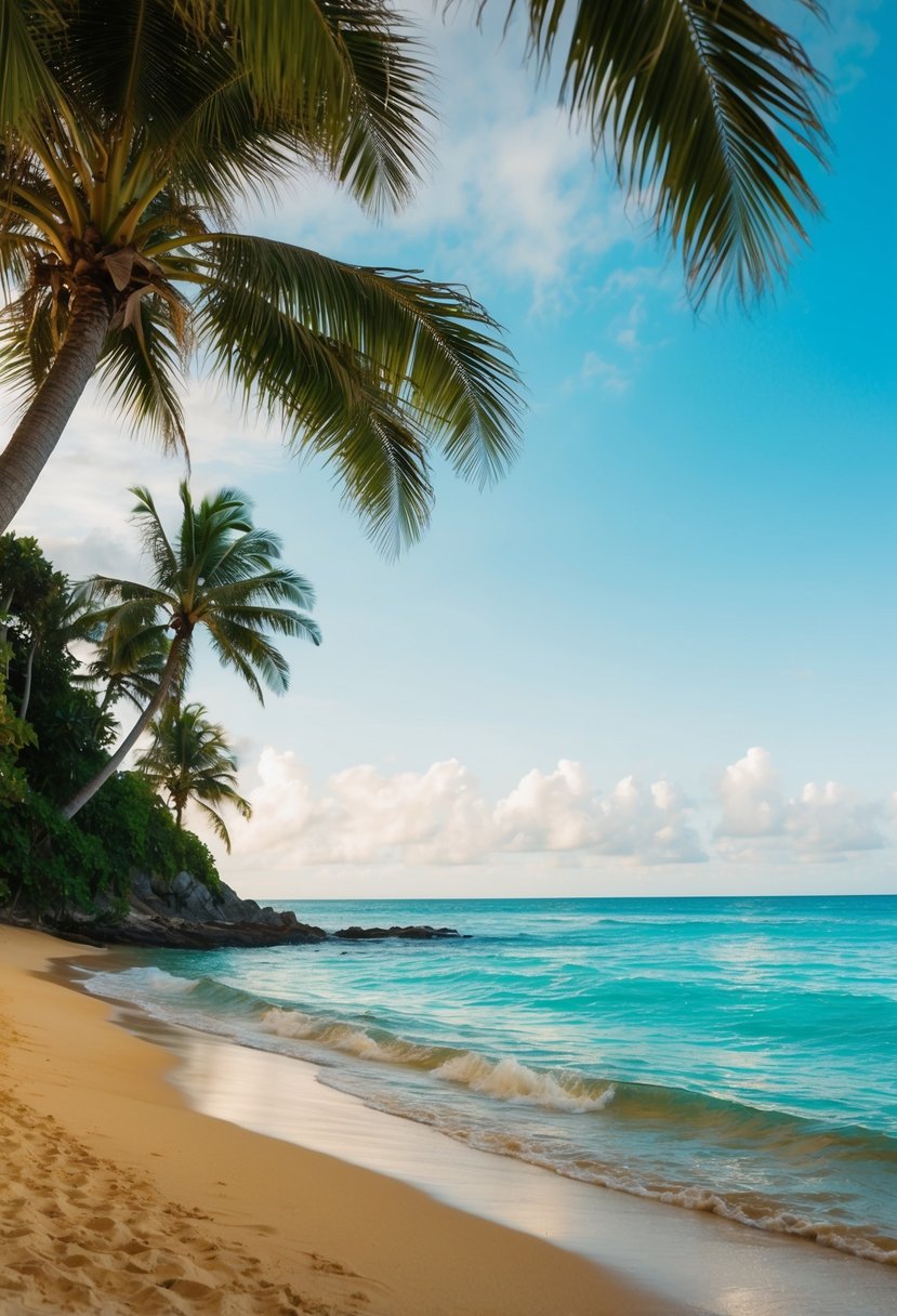 Turquoise waters gently lapping against golden sand at Palm Cove Beach, surrounded by lush greenery and swaying palm trees
