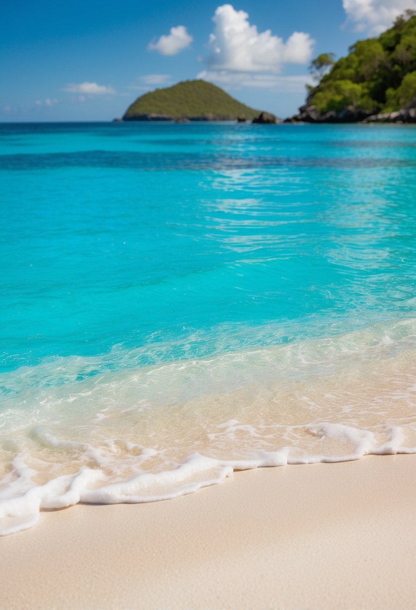Crystal clear turquoise water gently laps against the powdery white sand of Whitehaven Beach, with lush greenery and rocky outcrops in the background