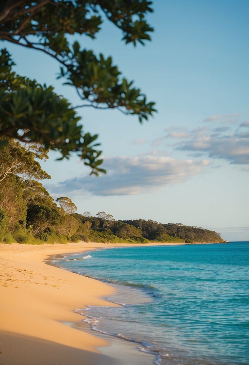 Golden sand and azure waters of Four Mile Beach, one of Queensland's top 5 beaches, with lush greenery in the background