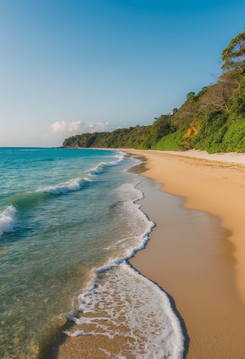 A serene beach with crystal clear water, golden sand, and lush greenery along the coastline. Waves gently roll onto the shore under a clear blue sky