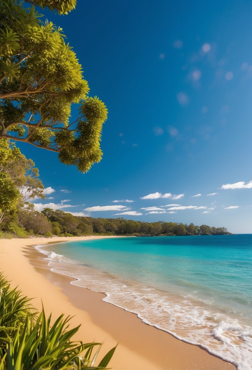 Crystal clear waters lap against the golden sandy shores of Queensland's top beaches, framed by lush greenery and vibrant blue skies