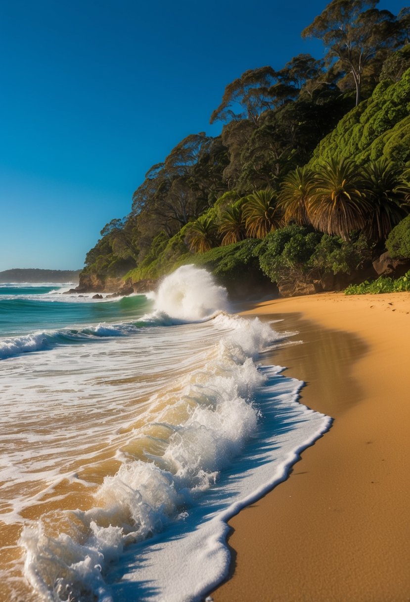 Glistening waves crash against golden sand at one of Queensland's top beaches, surrounded by lush greenery and vibrant blue skies