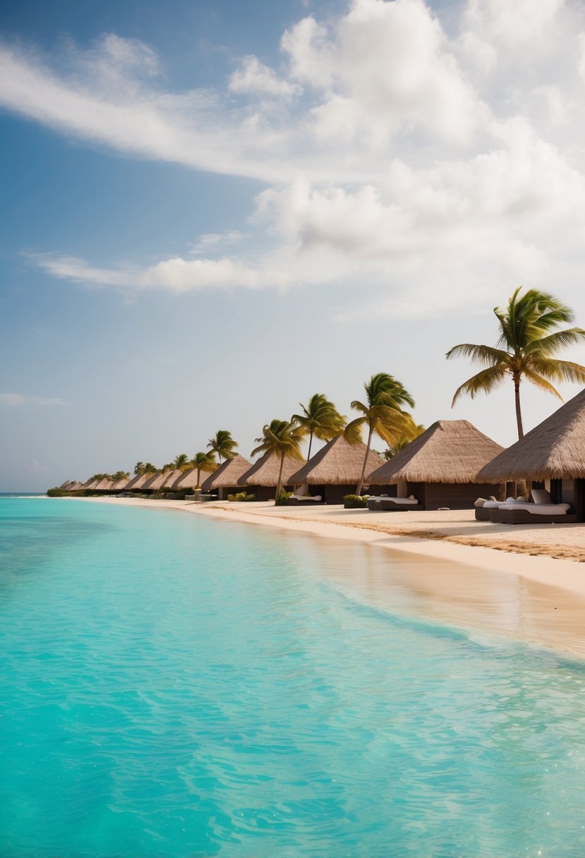 A serene beach resort in Zanzibar with crystal-clear turquoise waters, palm trees swaying in the gentle breeze, and luxurious thatched-roof bungalows lining the sandy shore
